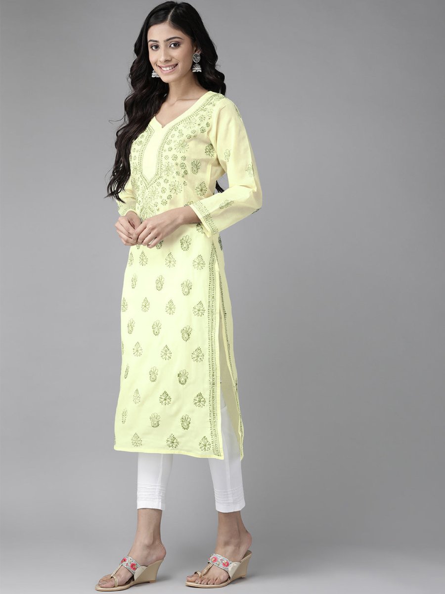 ADA Women Yellow & Green Embroidered Chikankari Handloom Kurta Handloom Kurta with Trousers | Swadesiicart