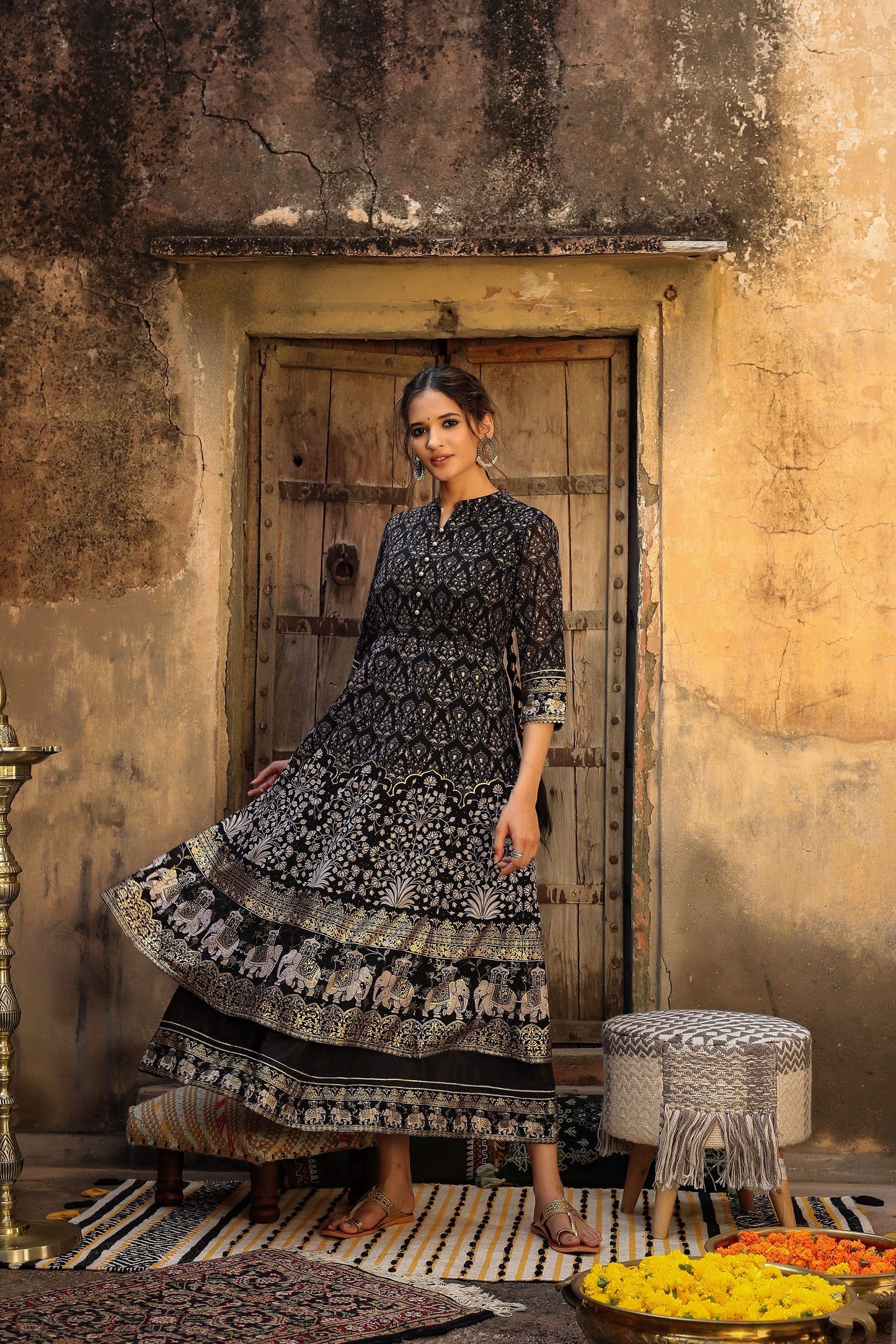 Juniper Women Black Georgette Printed Flared Dress | Swadesiicart