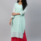 ADA Women Sea Green Chikankari Hand Embroidered Straight Kota Handloom Kurta With Matching Slip | Swadesiicart
