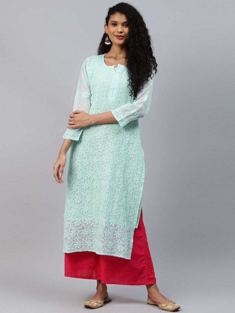 ADA Women Sea Green Chikankari Hand Embroidered Straight Kota Handloom Kurta With Matching Slip | Swadesiicart