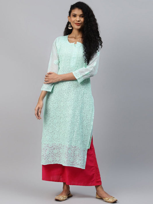 ADA Women Sea Green Chikankari Hand Embroidered Straight Kota Handloom Kurta With Matching Slip | Swadesiicart