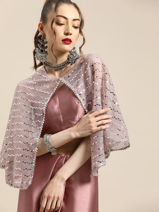 Tikhi Imli Trendy Mauve Sleek Poly Crepe Saree with Embellished Border & Cape | Swadesiicart