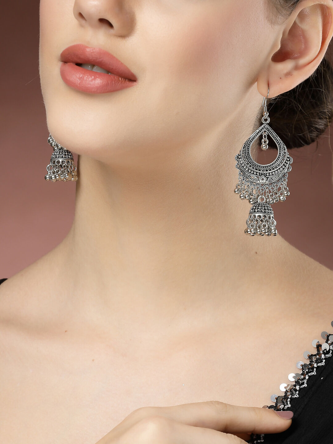 NVR Women's Silver-Plated German Silver Oxidized Jhumka Earrings | Swadesiicart
