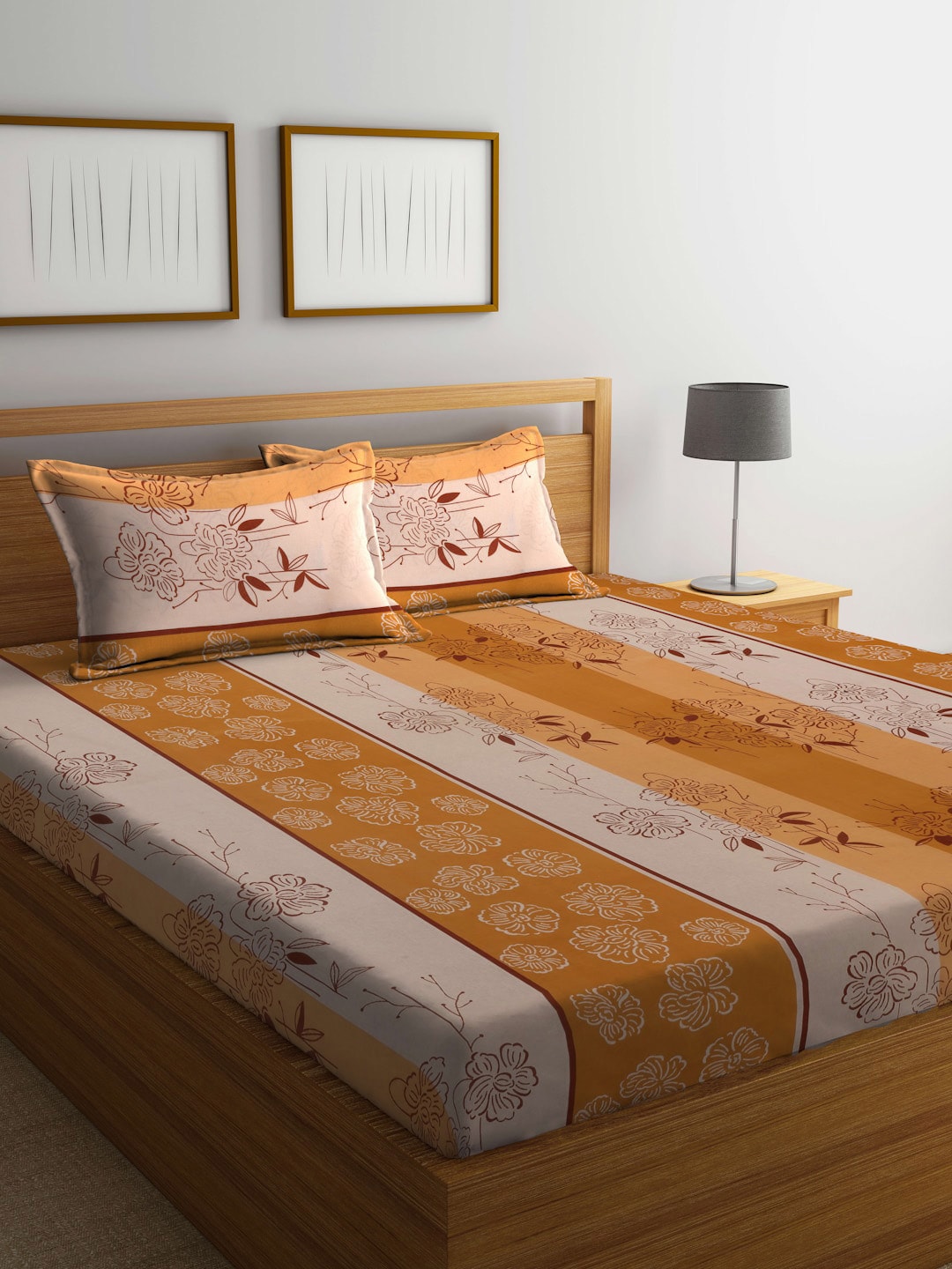 BOMBAY DYEING Beige & Yellow Printed Cotton 104 TC King Bedsheet With 2 Pillow Covers - Swadesiicart