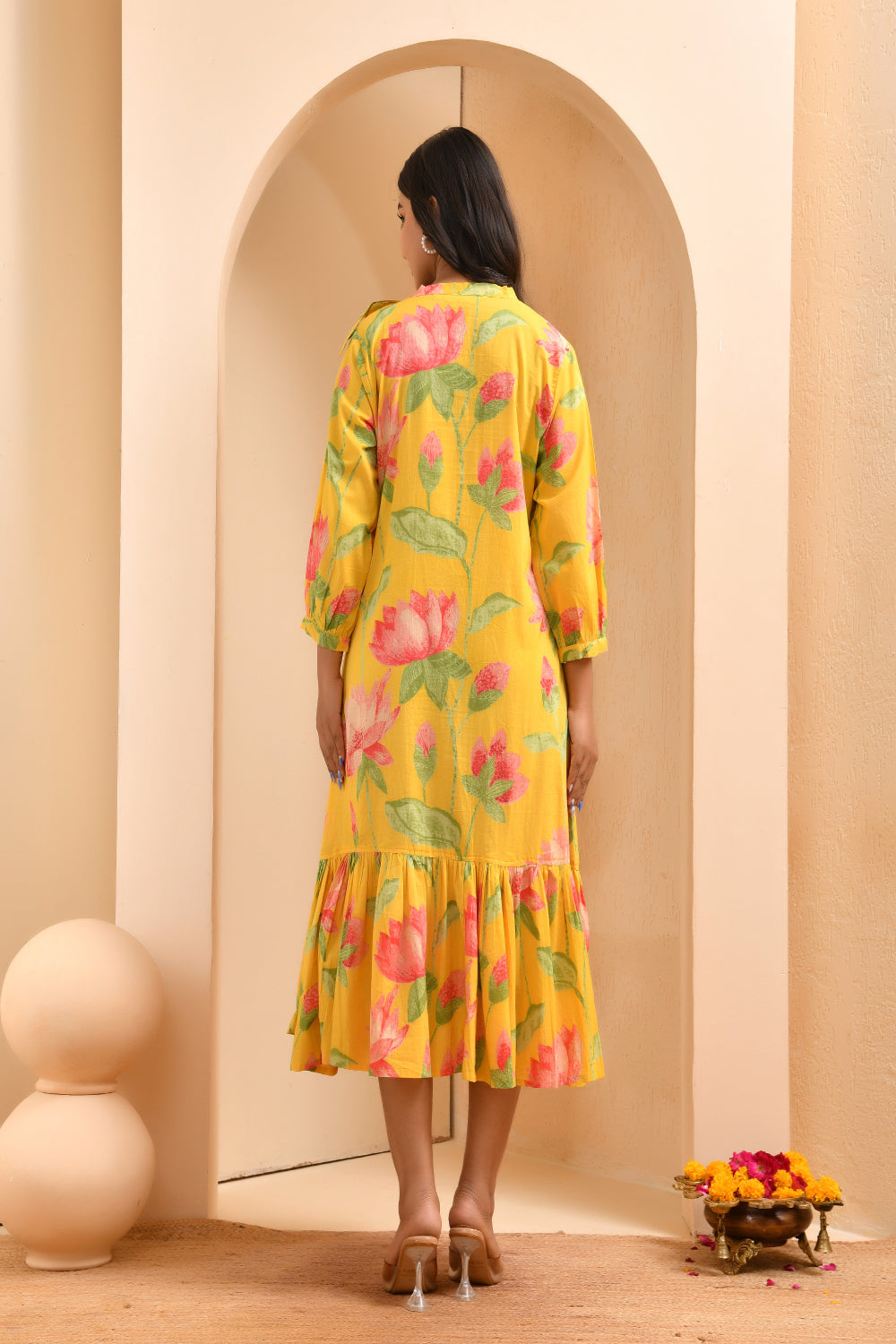 Vaasva Women Floral Printed Lemon Dress | Swadesiicart