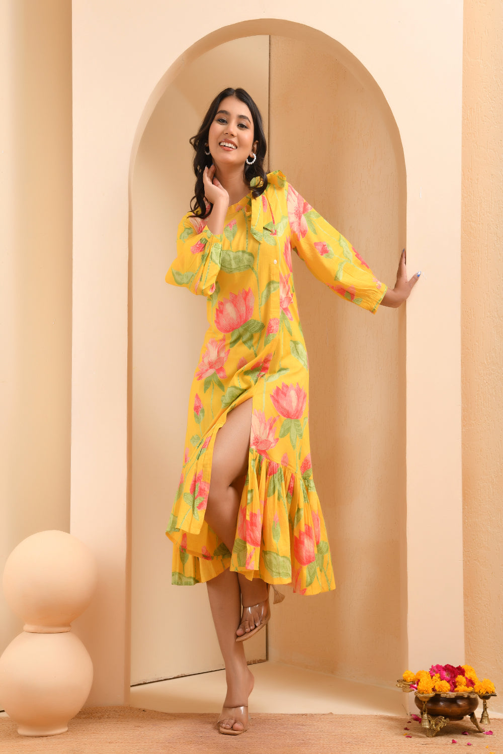 Vaasva Women Floral Printed Lemon Dress | Swadesiicart