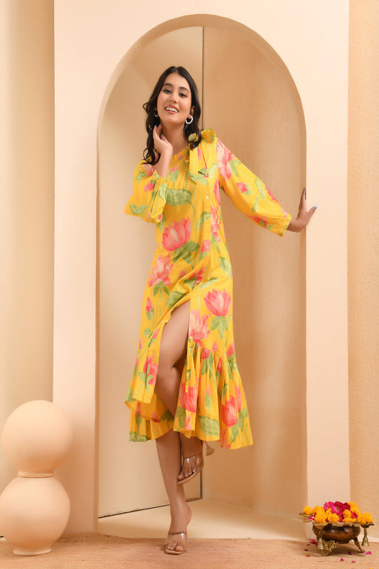 Vaasva Women Floral Printed Lemon Dress | Swadesiicart