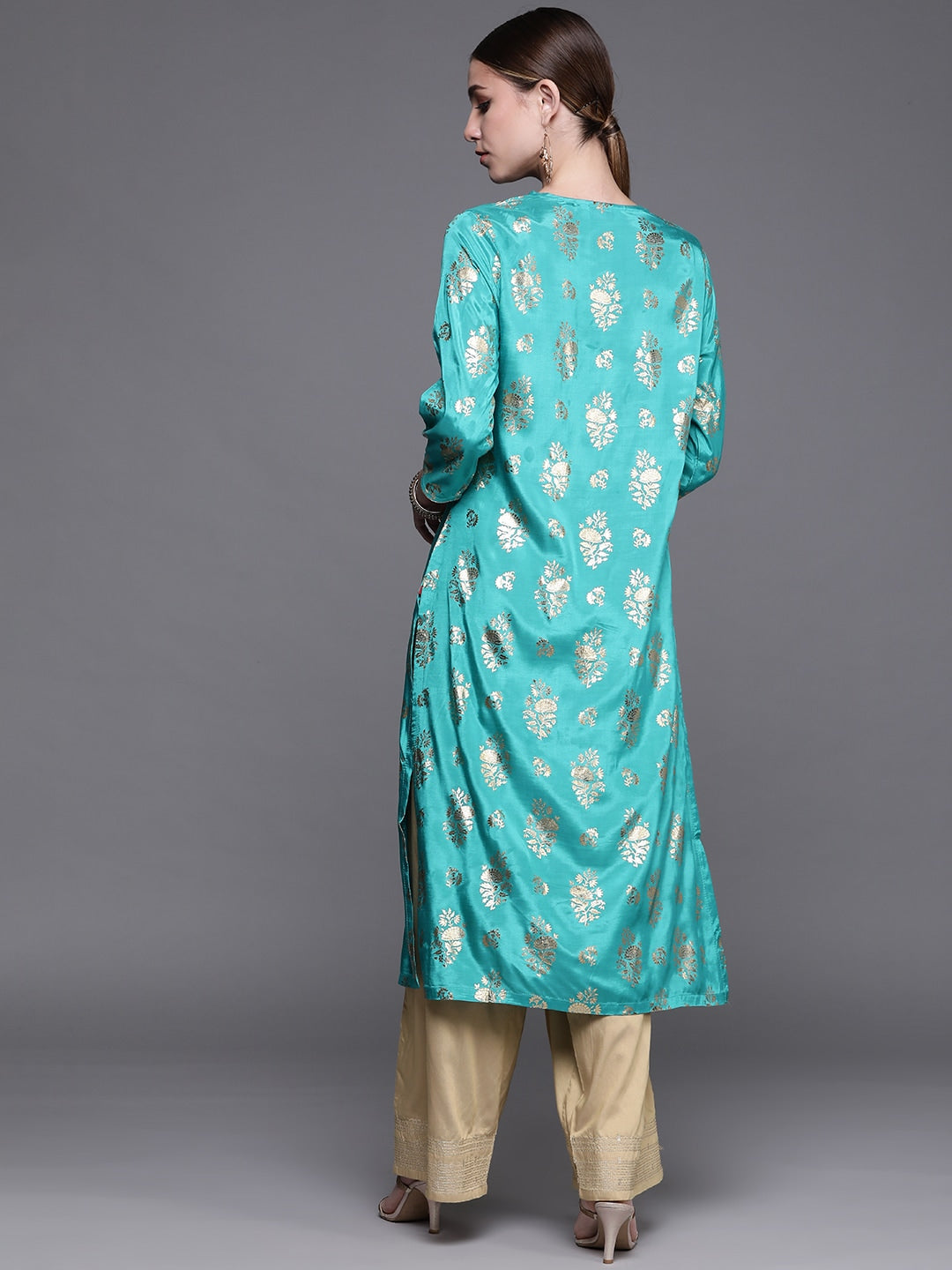 Biba Women Turquoise Blue Ethnic Motifs Foil Printed Keyhole Neck Kurta - Swadesiicart