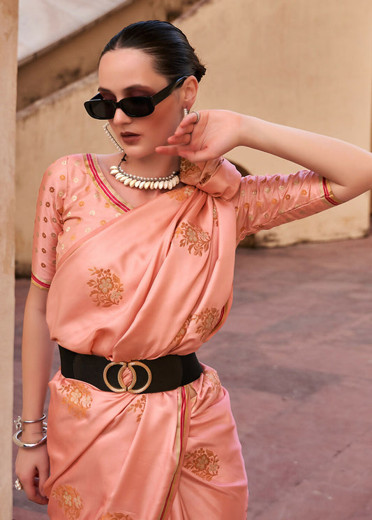 Coral Pink Pure Satin Zari Weaving Wedding Festive Saree - Emponline | Swadesiicart