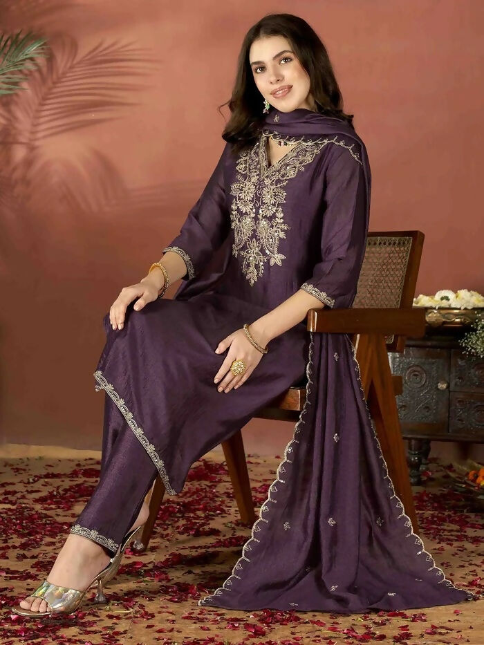 The52 Wine Women's Gorgeous Vichitra Fabric Embroidered Work Straight Kurta Pant and Dupatta Set - Swadesiicart