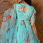 Pomcha Jaipur Blue And Red Floral Organza Anarkali Set | Swadesiicart
