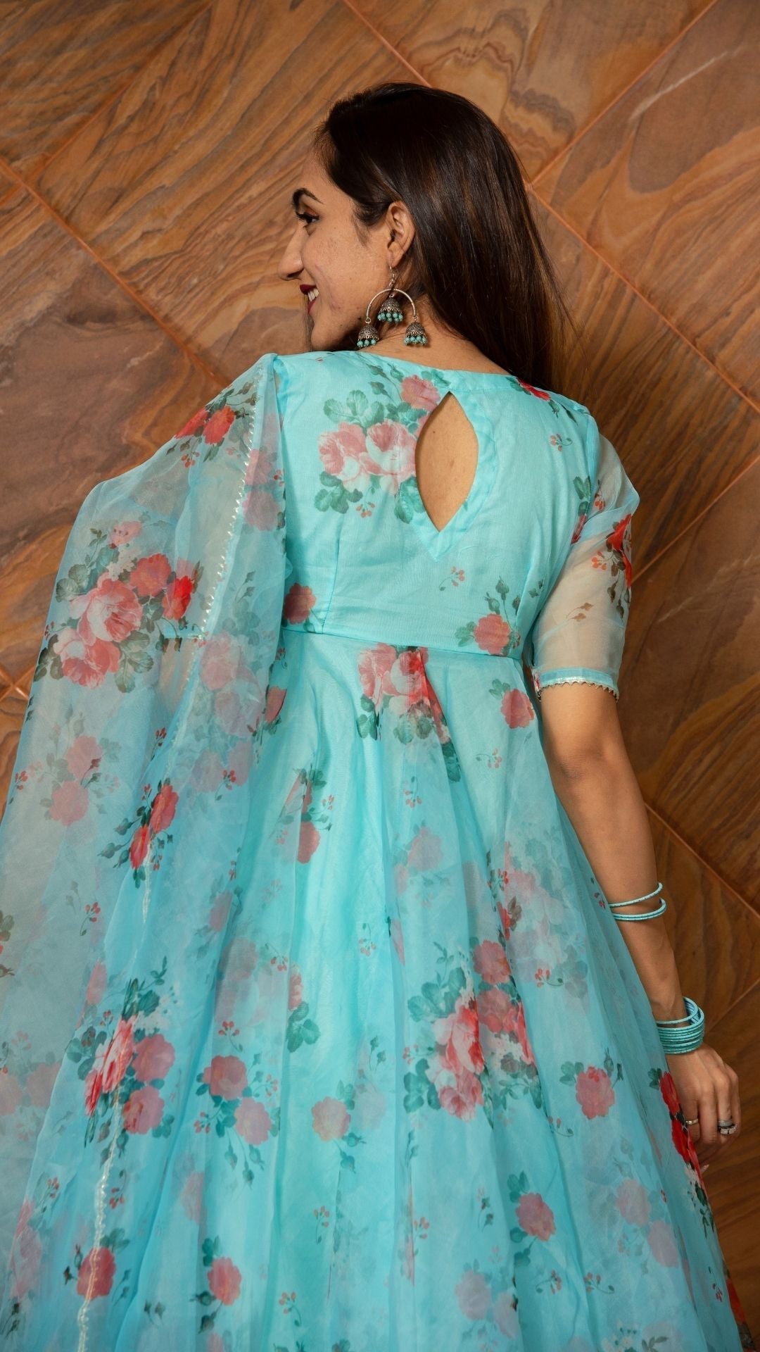 Pomcha Jaipur Blue And Red Floral Organza Anarkali Set | Swadesiicart