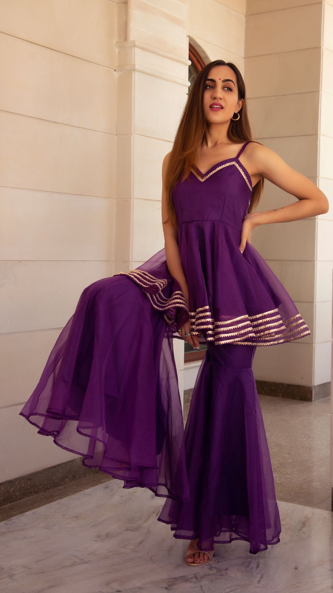 Pomcha Jaipur Masakali Purple Organza Sharara Set | Swadesiicart
