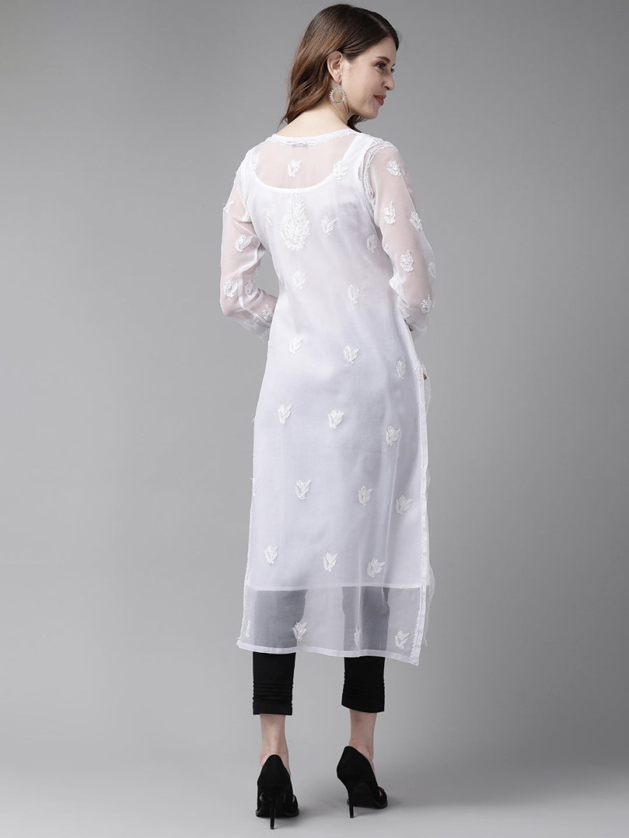 ADA Women White & Black Chikankari Embroidered Handloom Kurta & Slip with Churidar | Swadesiicart