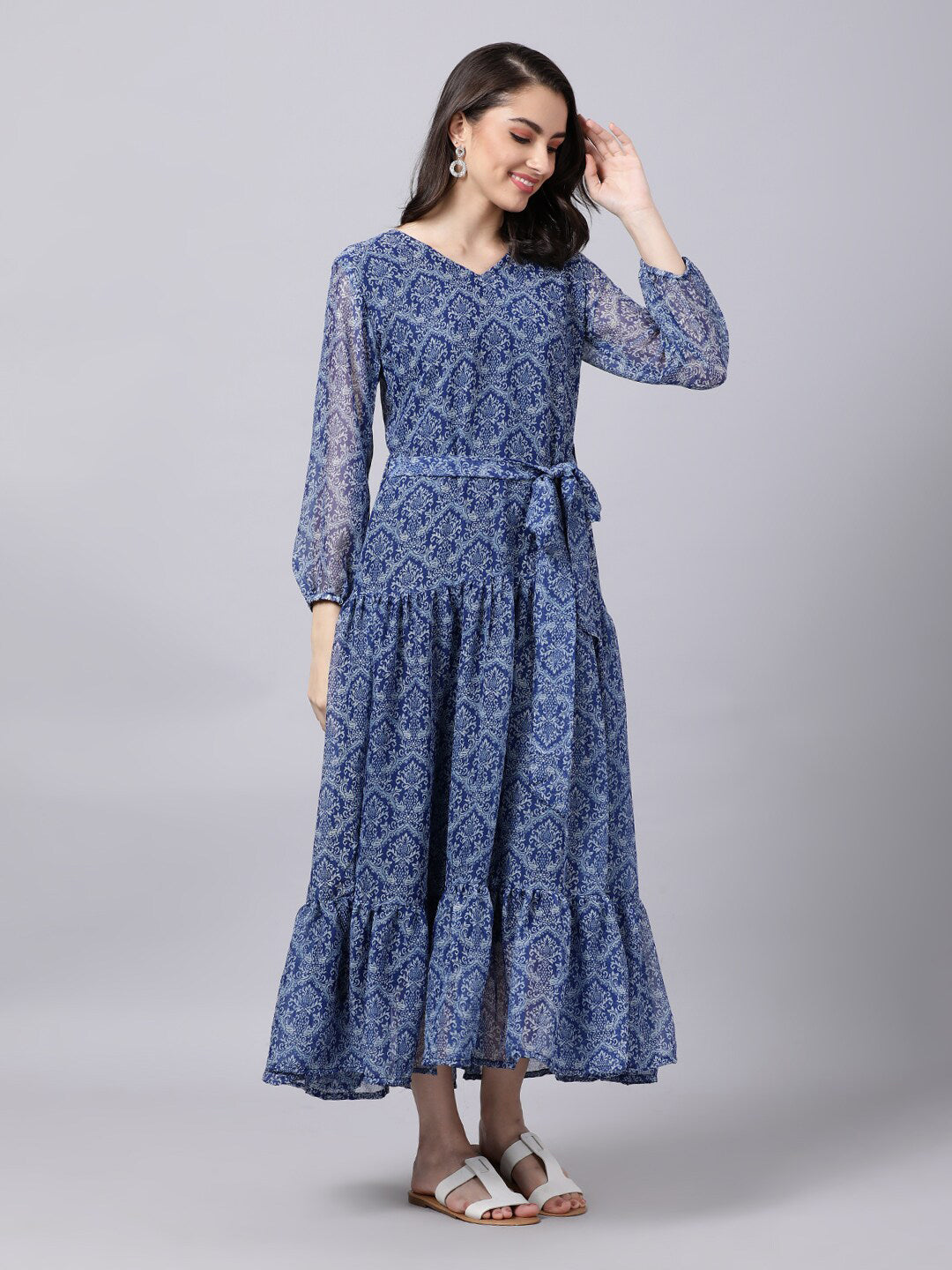 Souchii Blue Ethnic Motifs Printed Chiffon Maxi Tiered Dress - Swadesiicart