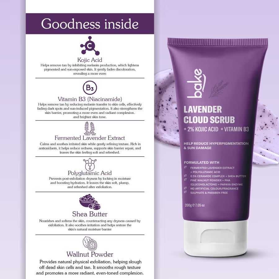 Bake 2% Kojic Acid Lavender Smoothie Body Scrub | Swadesiicart