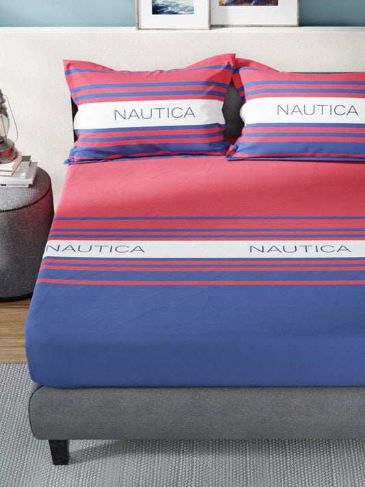 Nautica Bradford Red & Blue Striped 160 TC Pure Cotton King Bedsheet & 2 Pillow Covers - Swadesiicart