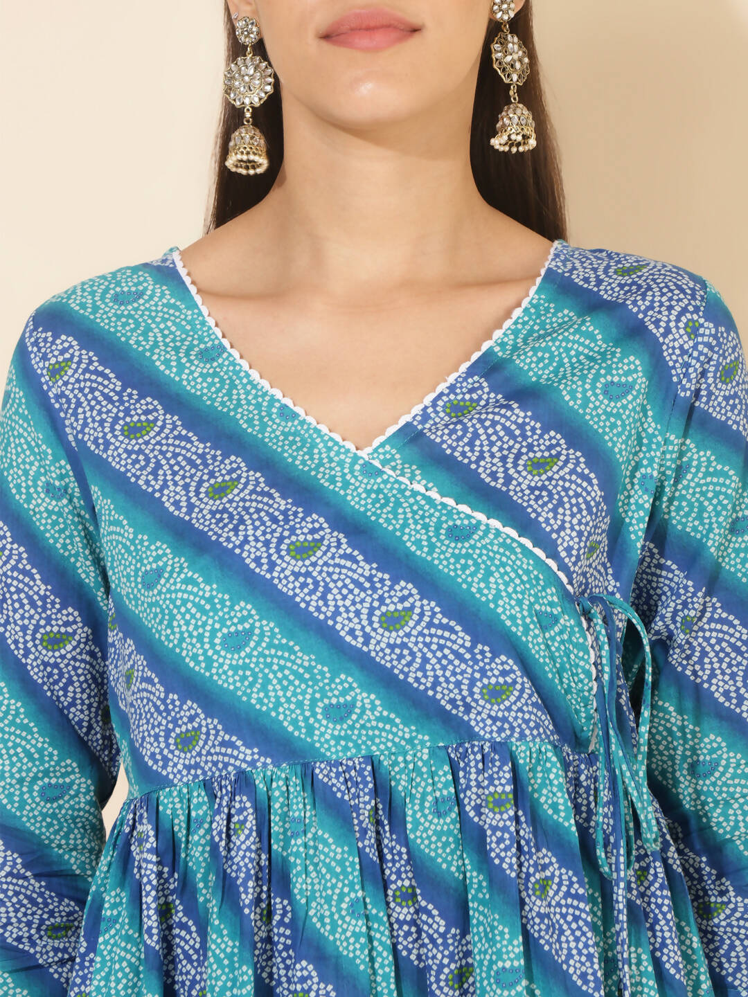 Janasya Women's Blue Cotton Bandhani Printed Casual Angrakha Co-ords - Swadesiicart