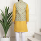 Sojanya Men Mustard Yellow Pure Cotton Kurta with Churidar & Nehru Jacket | Swadesiicart