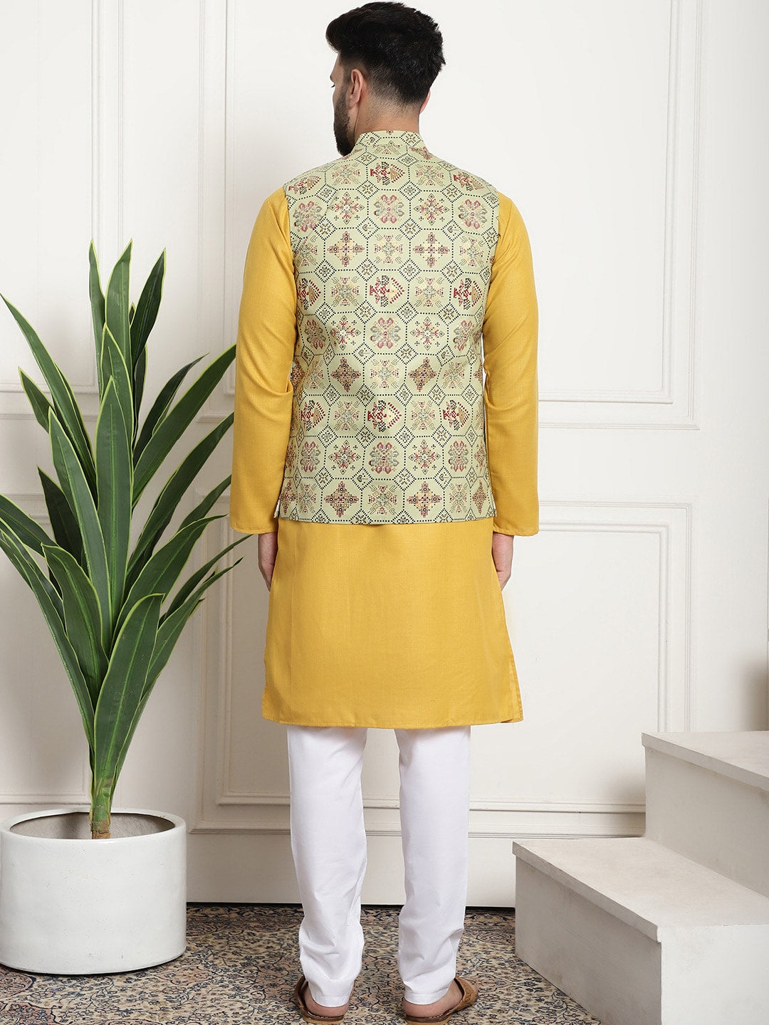 Sojanya Men Mustard Yellow Pure Cotton Kurta with Churidar & Nehru Jacket | Swadesiicart