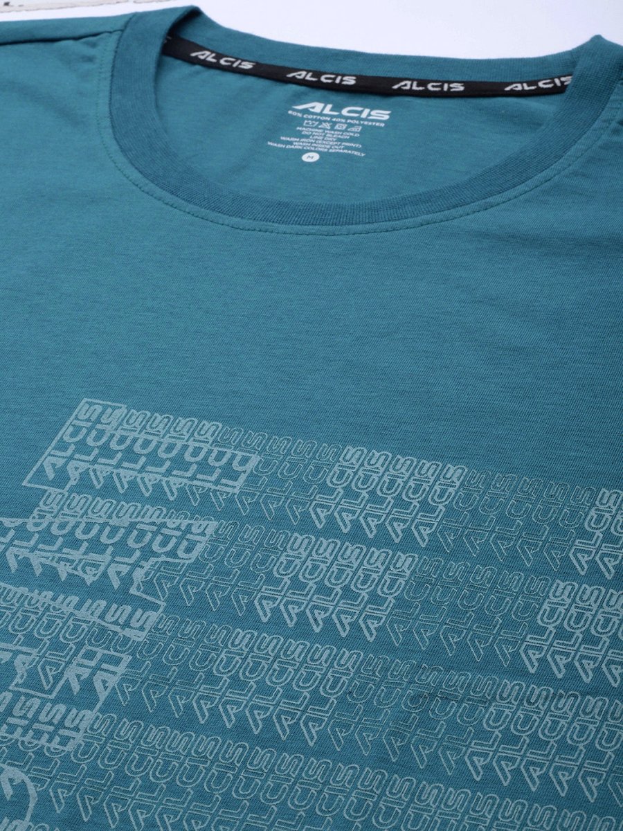Alcis Men Teal Blue Typography Printed Slim Fit Gym T-shirt | Swadesiicart