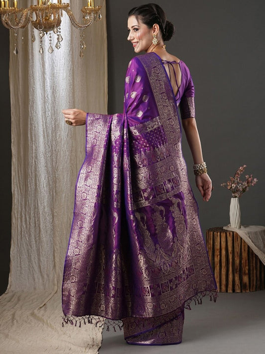 Anouk Purple & Gold-Toned Ethnic Motifs Woven Design Zari Banarasi Saree | Swadesiicart