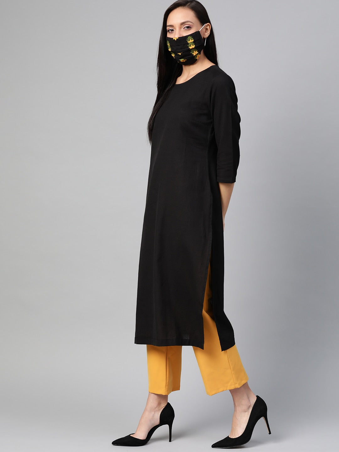 HERE&NOW Women Black Solid Straight Kurta - Swadesiicart