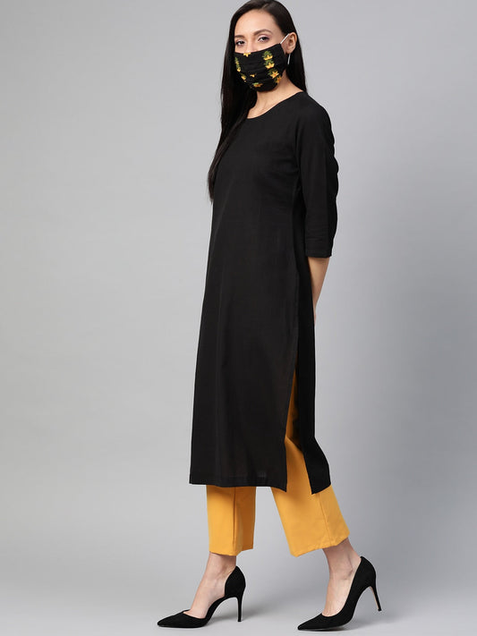 HERE&NOW Women Black Solid Straight Kurta - Swadesiicart