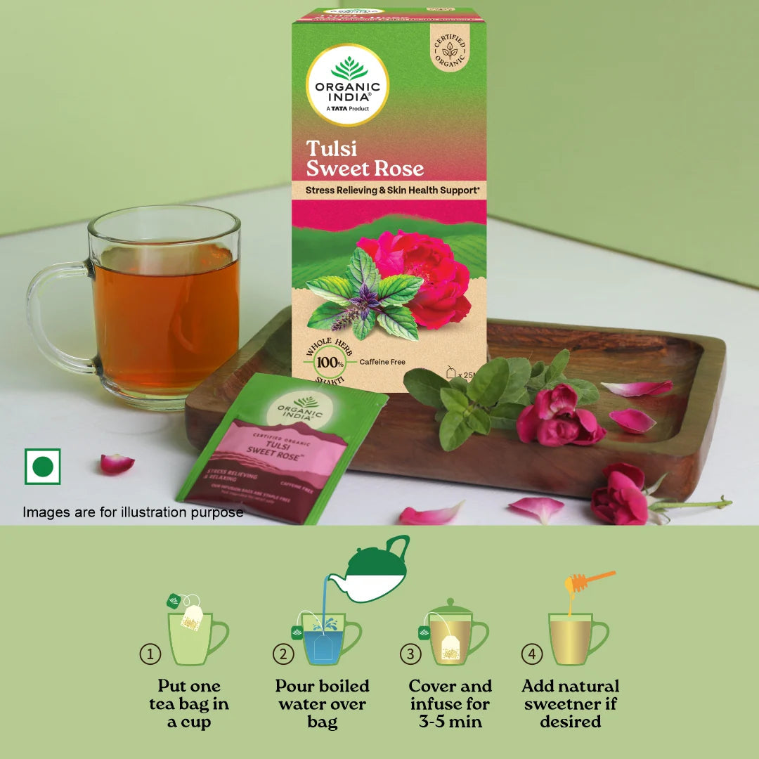 Organic India Tulsi Sweet Rose 25 Tea Bags - Swadesiicart