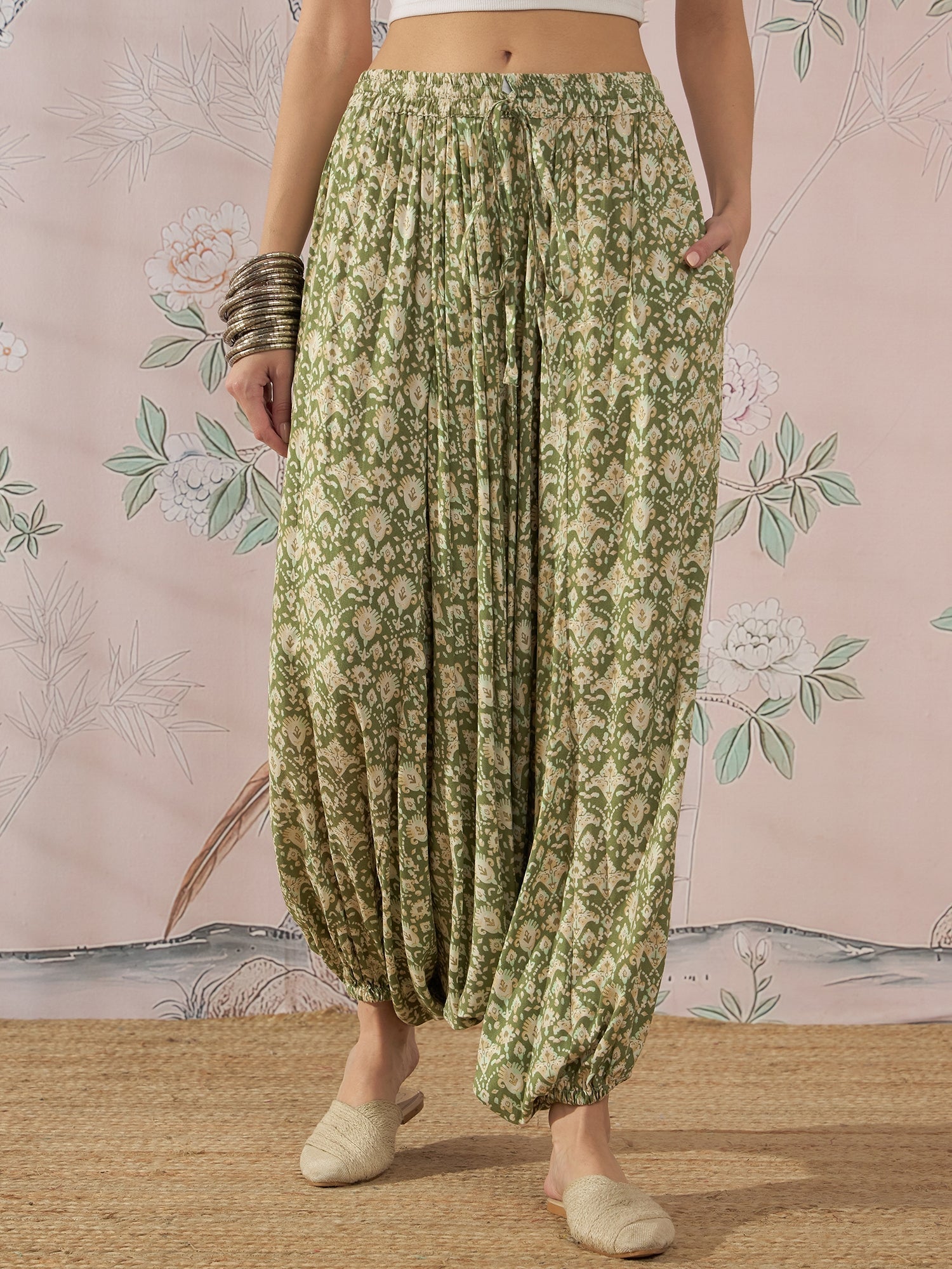 InWeave Apple Green Ikkat Print Harem Pant - Swadesiicart