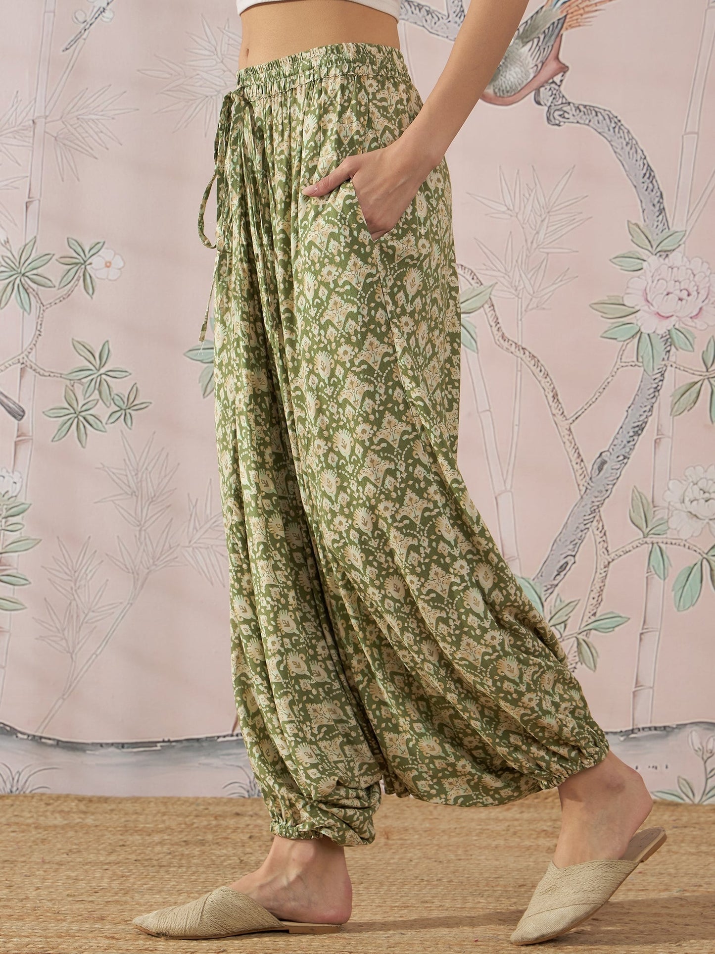 InWeave Apple Green Ikkat Print Harem Pant - Swadesiicart