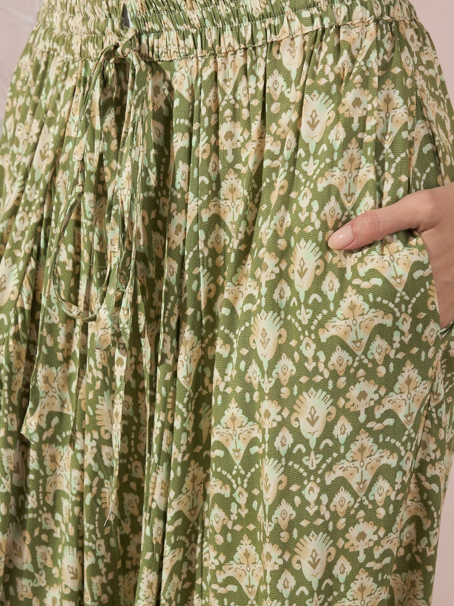 InWeave Apple Green Ikkat Print Harem Pant - Swadesiicart