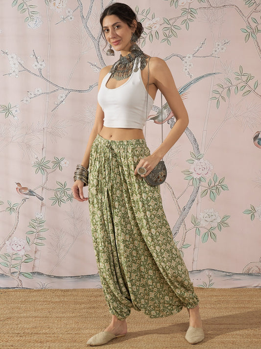 InWeave Apple Green Ikkat Print Harem Pant - Swadesiicart