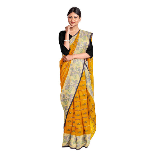 Exclusive Collection 100% Pure Cotton Yellow Tant Saree With Hand Weaving Work - Swadesiicart