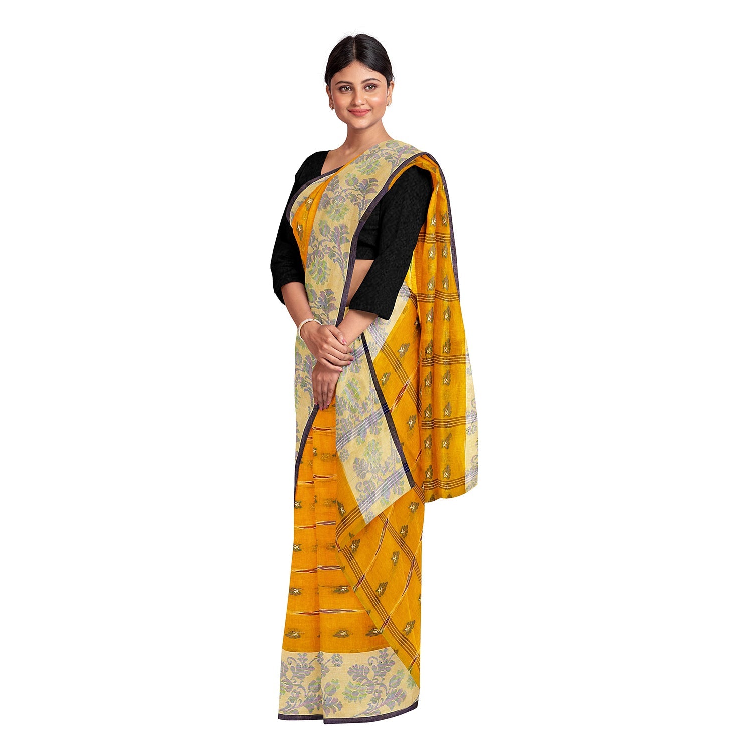 Exclusive Collection 100% Pure Cotton Yellow Tant Saree With Hand Weaving Work - Swadesiicart