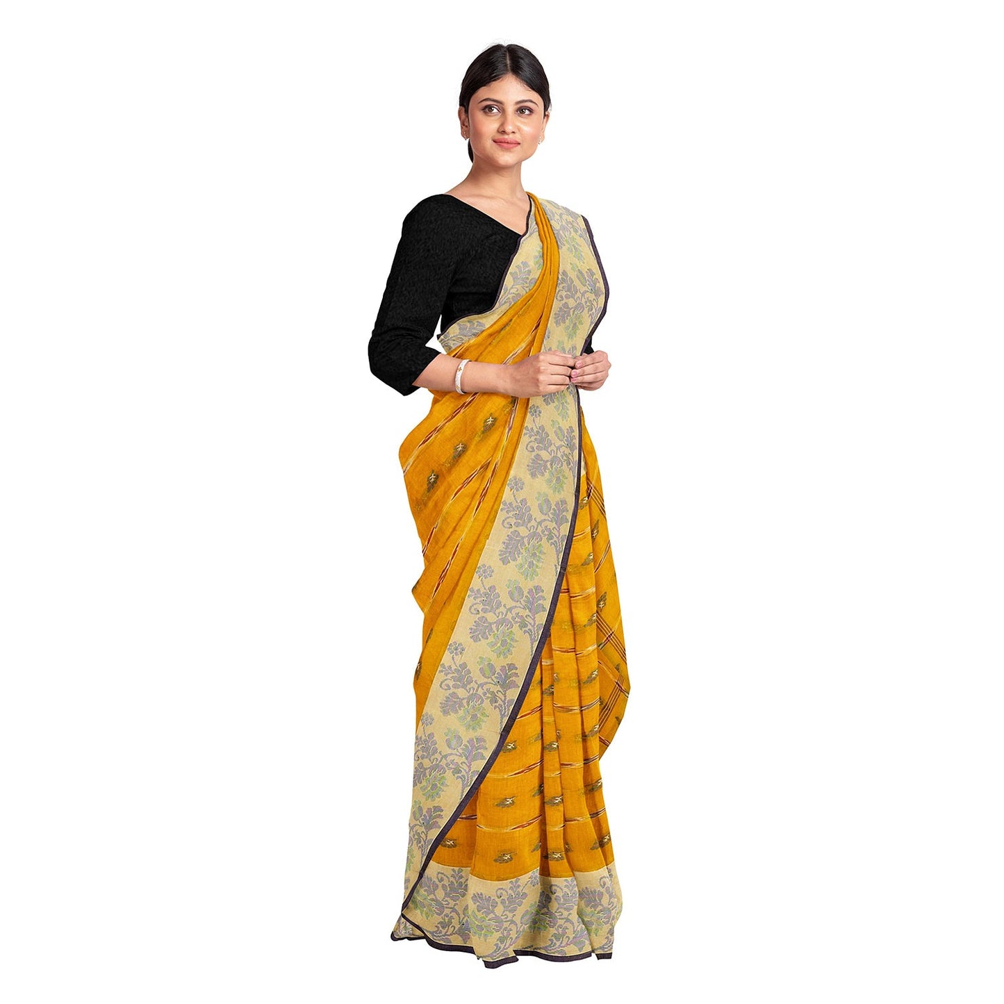 Exclusive Collection 100% Pure Cotton Yellow Tant Saree With Hand Weaving Work - Swadesiicart