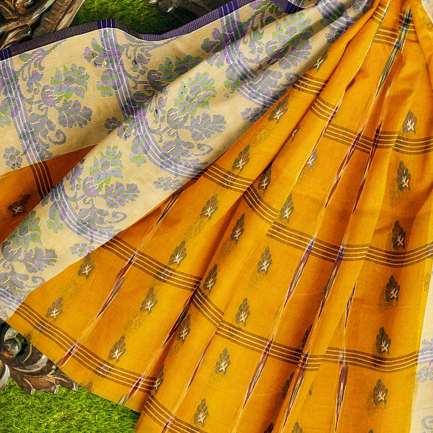 Exclusive Collection 100% Pure Cotton Yellow Tant Saree With Hand Weaving Work - Swadesiicart