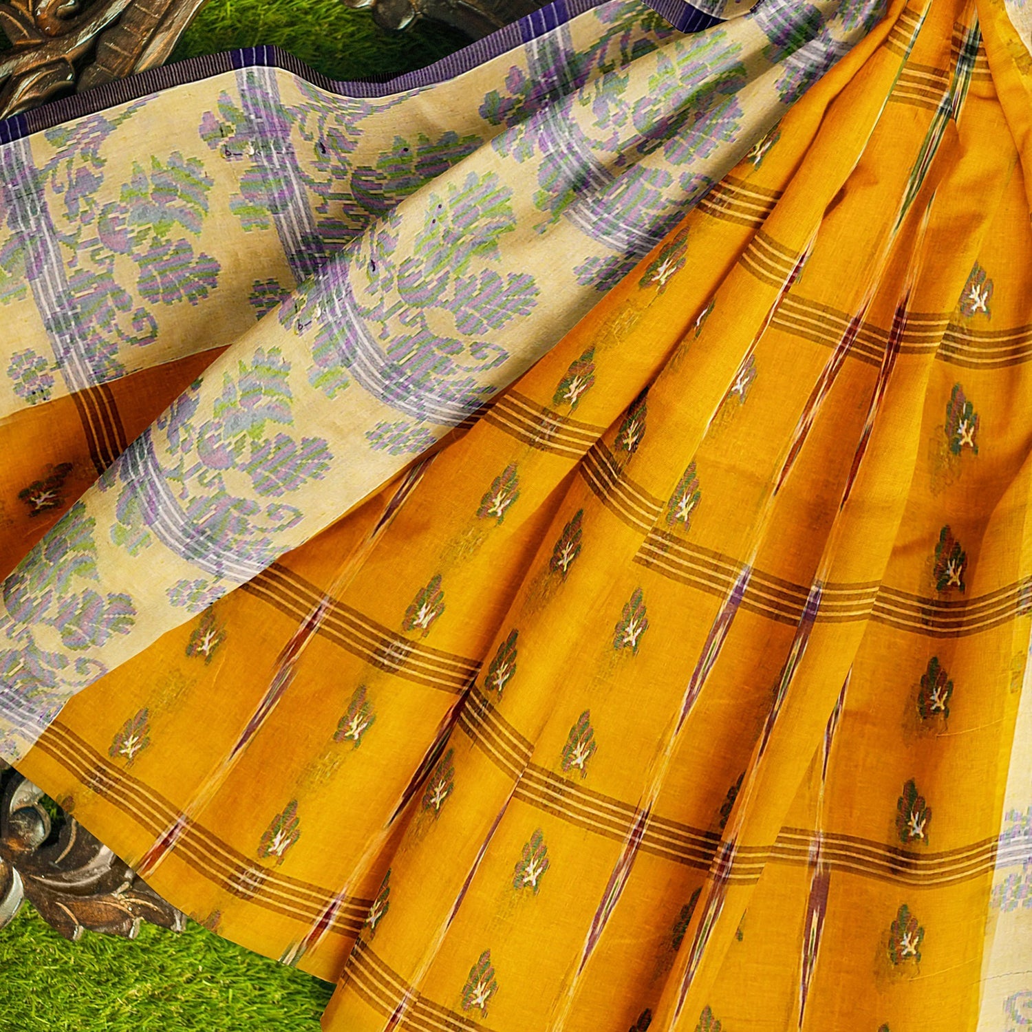 Exclusive Collection 100% Pure Cotton Yellow Tant Saree With Hand Weaving Work - Swadesiicart