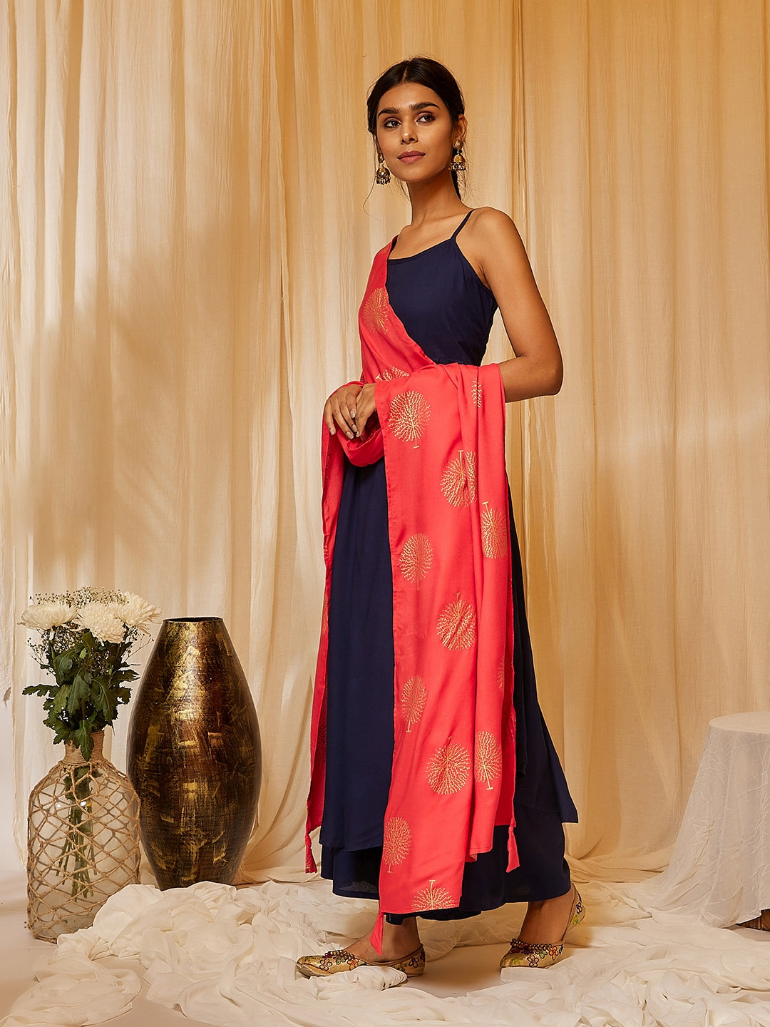 InWeave Women's Navy Blue Strappy Kurta Palazzo Set With Red Gold Dupatta - Swadesiicart