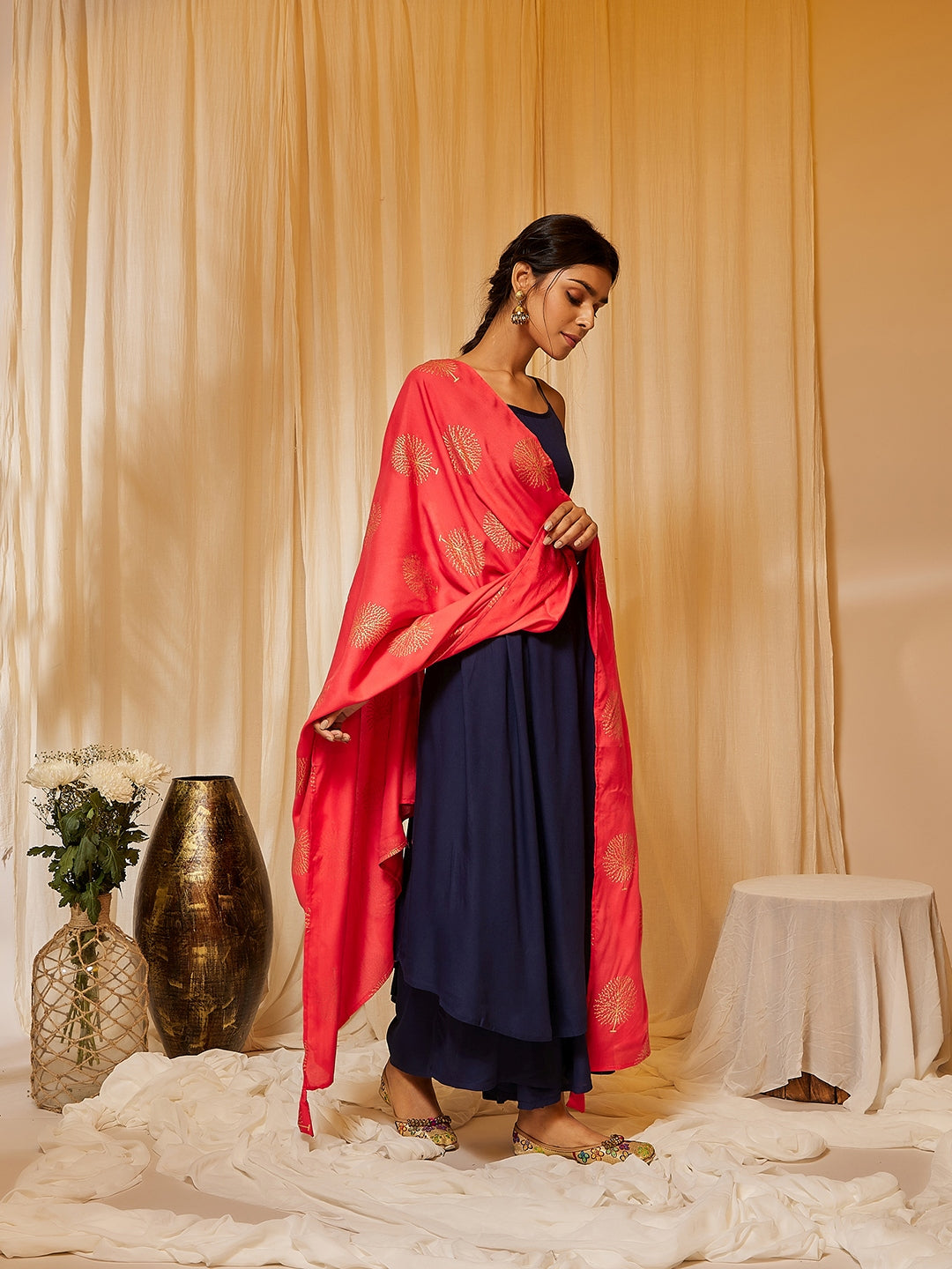 InWeave Women's Navy Blue Strappy Kurta Palazzo Set With Red Gold Dupatta - Swadesiicart