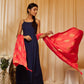 InWeave Women's Navy Blue Strappy Kurta Palazzo Set With Red Gold Dupatta - Swadesiicart