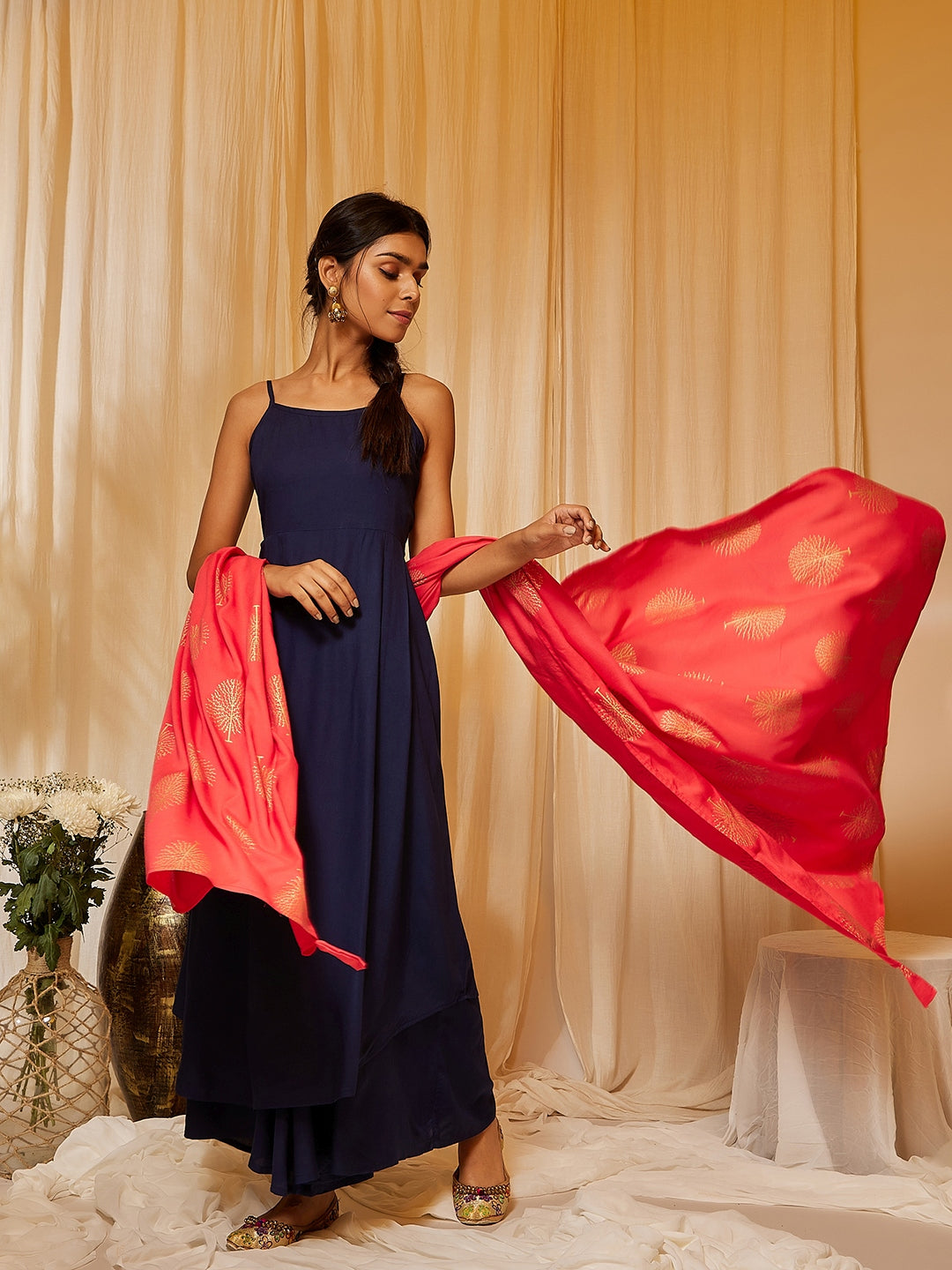 InWeave Women's Navy Blue Strappy Kurta Palazzo Set With Red Gold Dupatta - Swadesiicart
