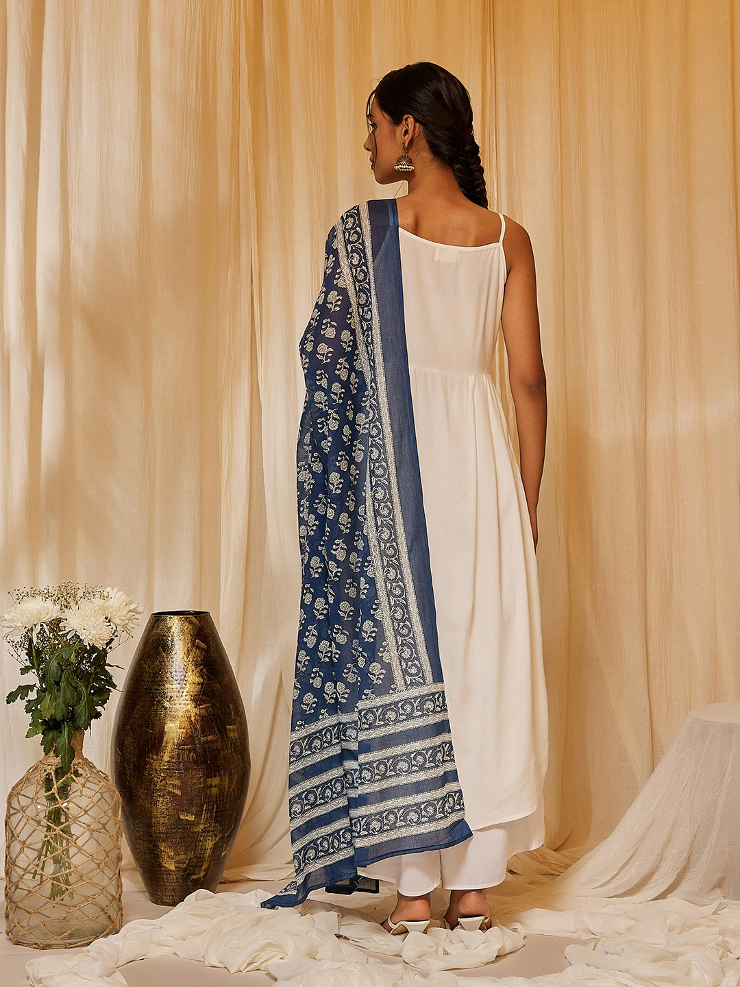 InWeave Women's White Strappy Kurta Palazzo Set - Swadesiicart