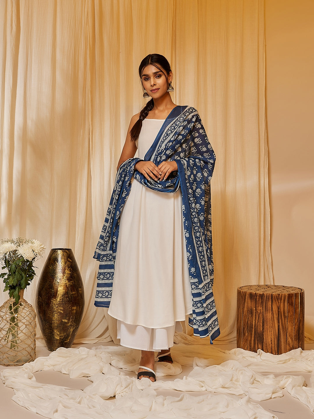 InWeave Women's White Strappy Kurta Palazzo Set - Swadesiicart