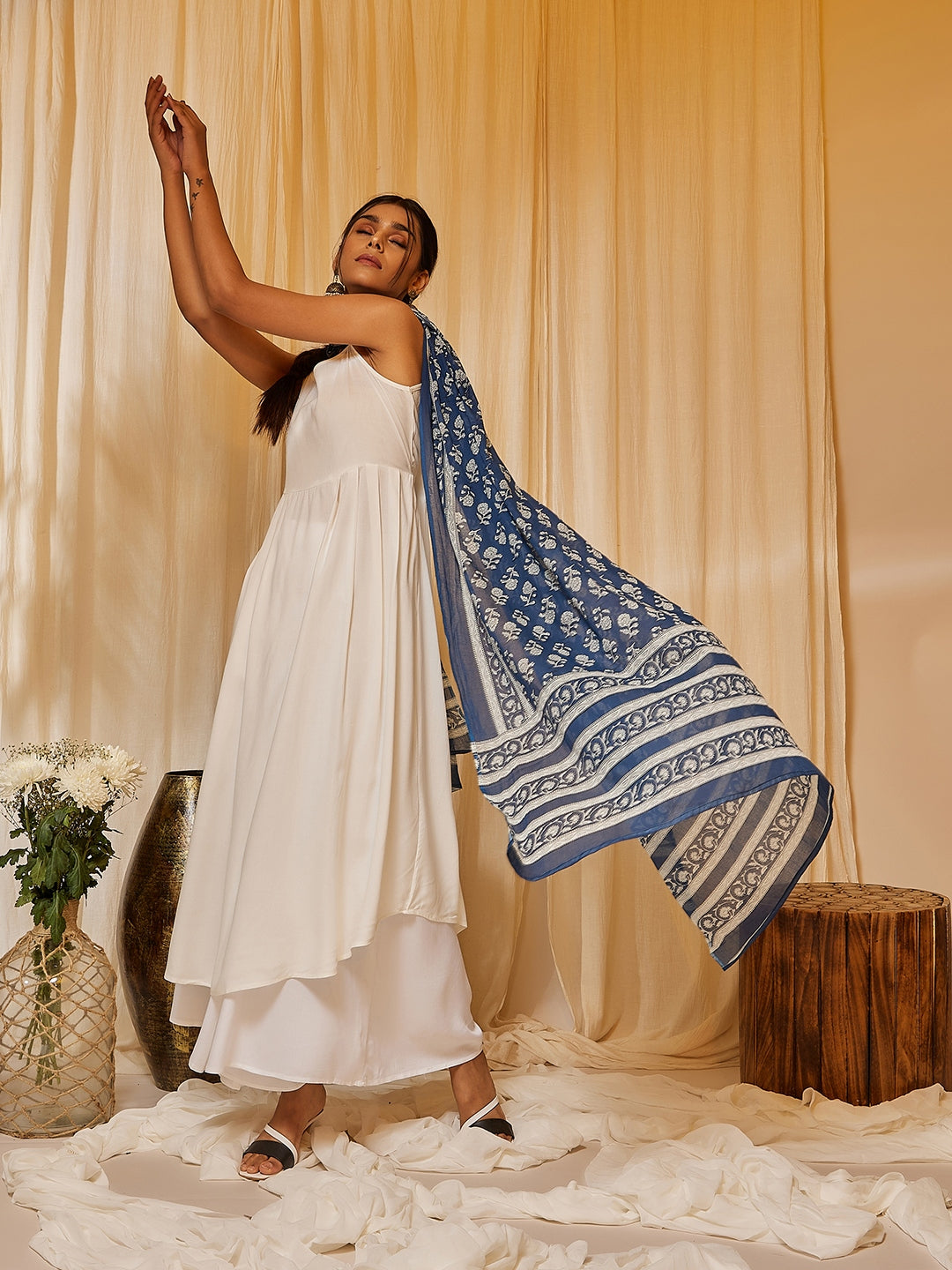 InWeave Women's White Strappy Kurta Palazzo Set - Swadesiicart