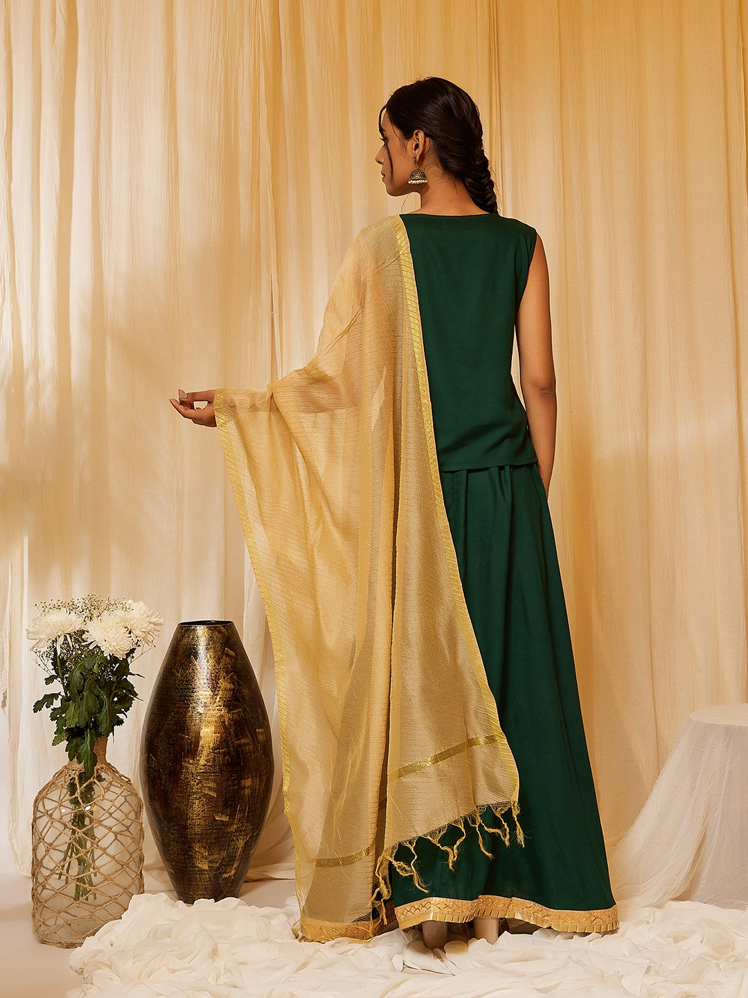 InWeave Bottle Green Skirt Top Set - Swadesiicart