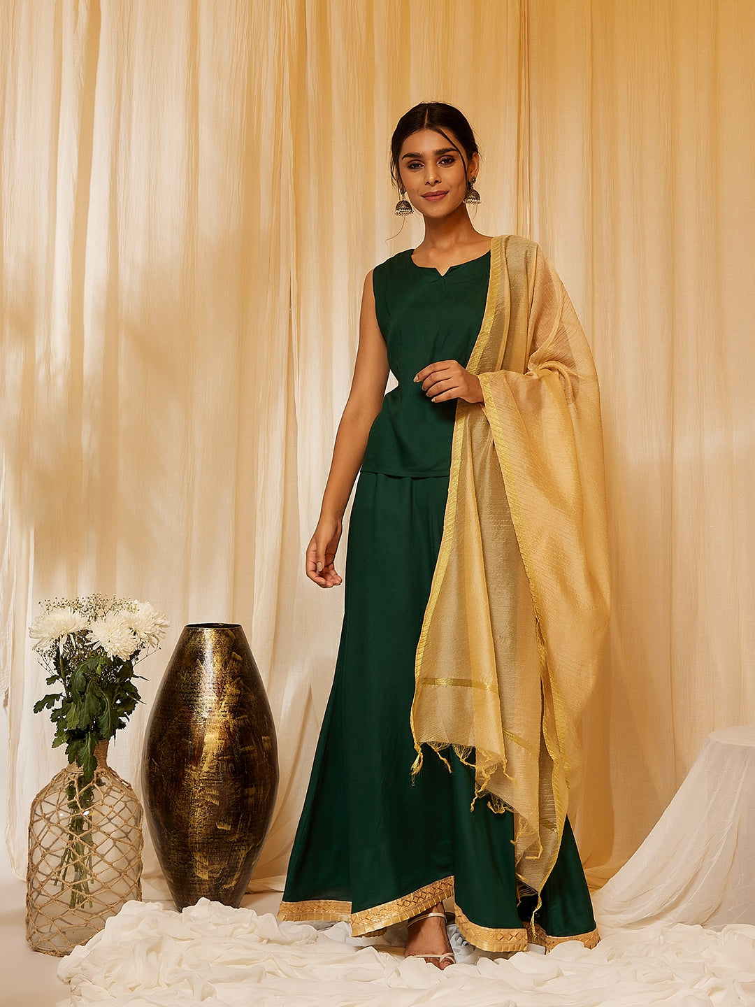 InWeave Bottle Green Skirt Top Set - Swadesiicart