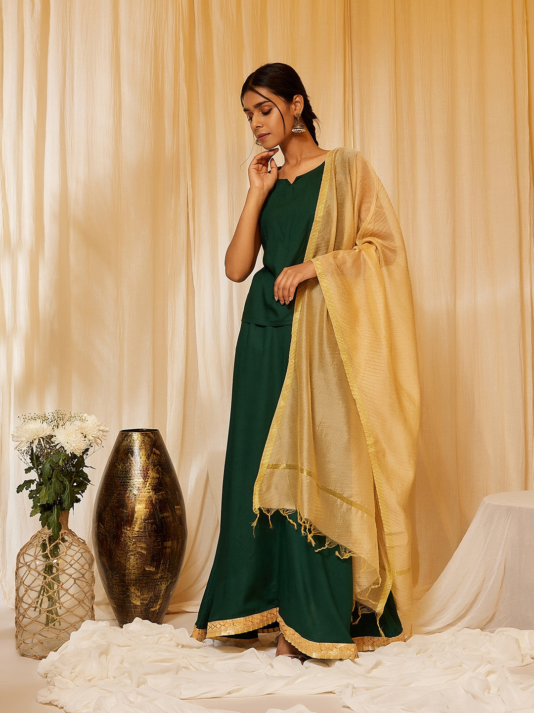 InWeave Bottle Green Skirt Top Set - Swadesiicart