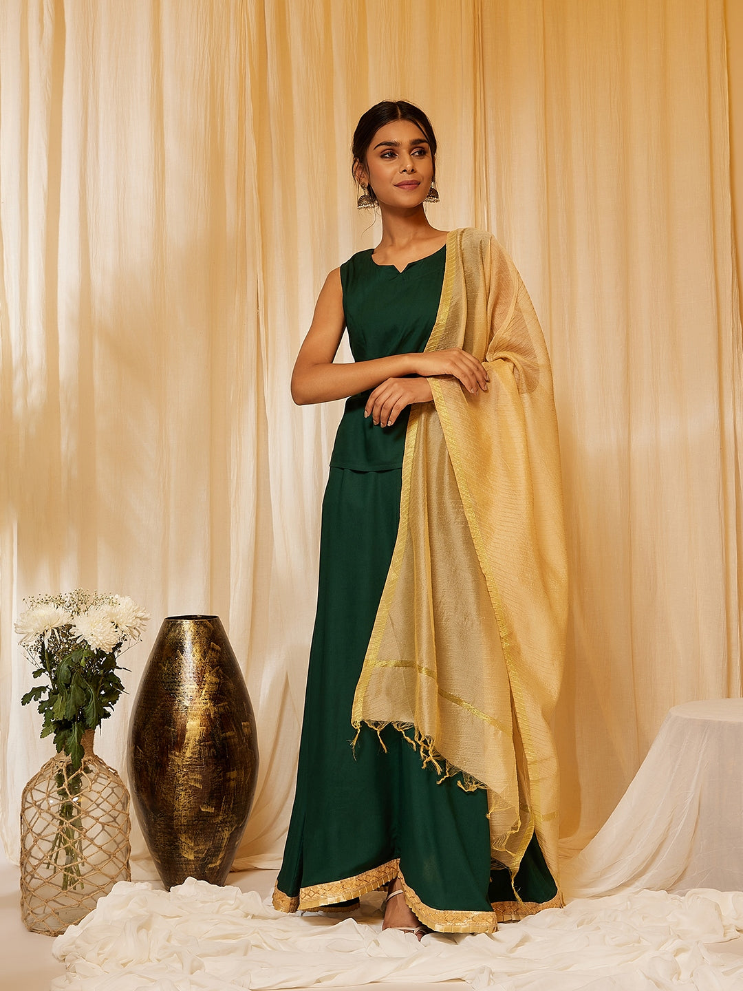 InWeave Bottle Green Skirt Top Set - Swadesiicart