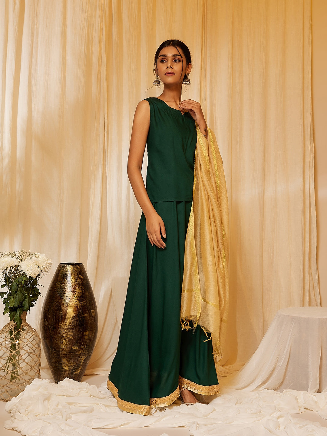 InWeave Bottle Green Skirt Top Set - Swadesiicart